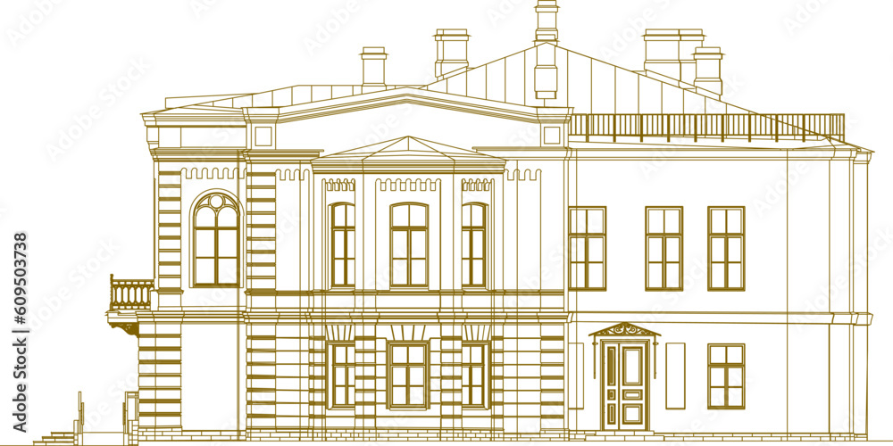 Sketch vector illustration of colonial vintage antique classic villa with big pillars 