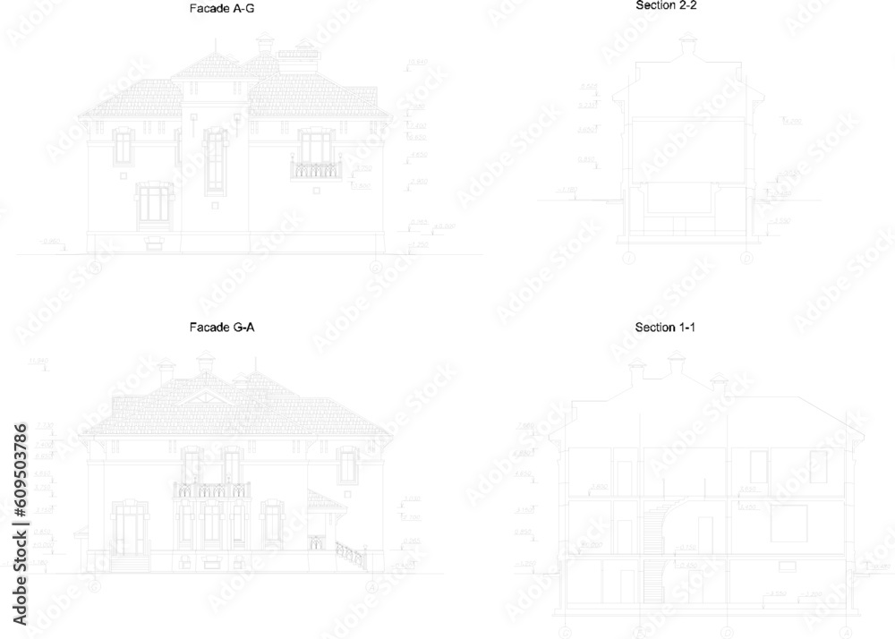 Vector illustration sketch of floor plan view of vintage antique classic villa with swimming pool