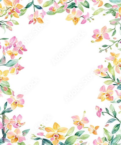 Greeting card frame border with watercolor flowers orchids and leaves. Tropical design for wedding stationary  background  postcard etc. Hand painting. Generative AI.