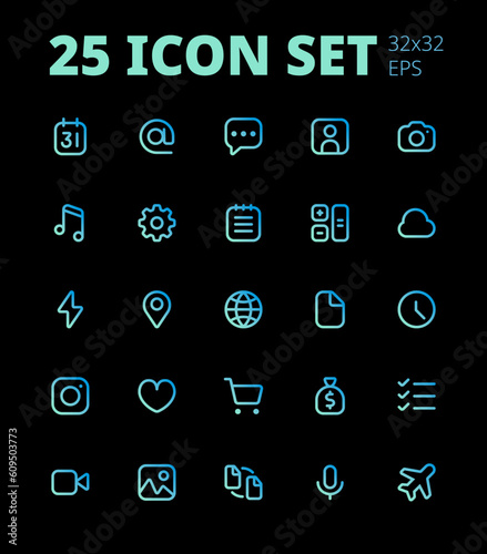 Set of 25 icons 32x32 pixels, blue green gradient linear style for web, apps. Calendar, Email, Browser, Contacts, Camera, Music, Settings, Notes, Calculator, Browser, News, Shopping. Vector graphics.