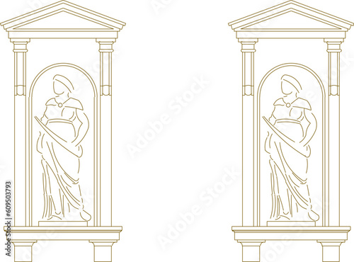 Vector illustration sketch of vintage classic colonial villa house window ornament with big columnar pillars
