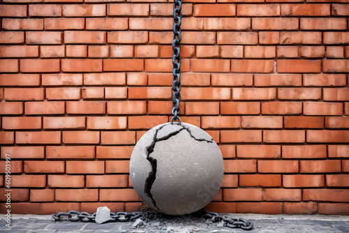 Wrecking ball on chain couldn't shatter a brick wall but collapsed by itself into pieces. Concept of miscalculated forces photo