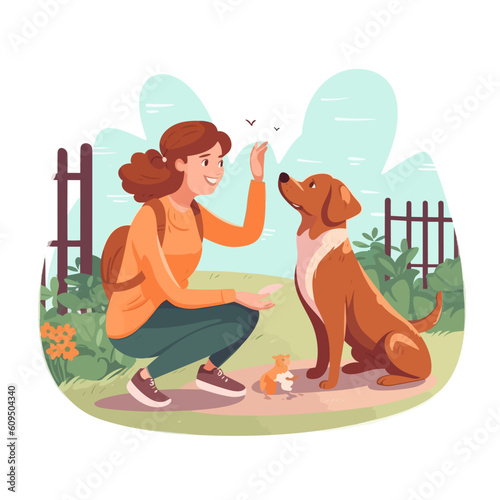 Girl teaching dog new tricks backyard vecto vector illustration