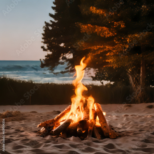 fire in the fireplace, a bonfire on a beach at night, and Generative AI technology.