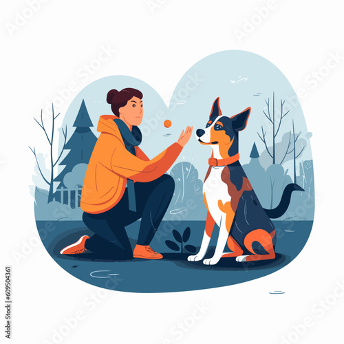 Girl teaching dog new tricks backyard compl vector illustration