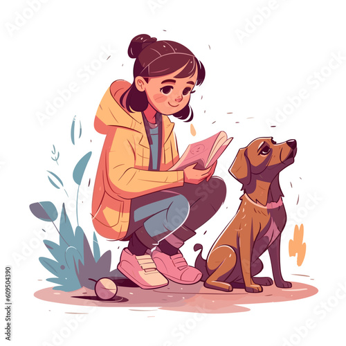 Girl teaching dog new tricks backyard funk vector illustration