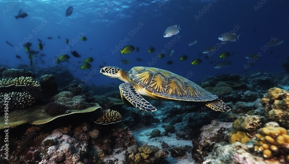 Fototapeta premium Turtle swimming underwater in the ocean. Generative AI.