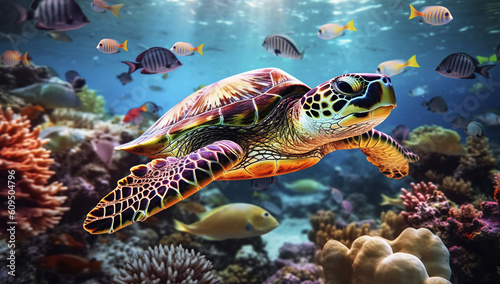 Turtle with group of colorful fish and sea animals with colorful coral underwater in the ocean. Generative AI.