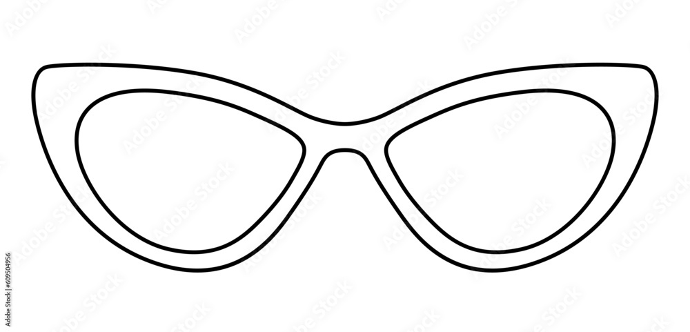 Cat Eye frame glasses fashion accessory illustration. Sunglass front view for Men, women, unisex silhouette style, flat rim spectacles eyeglasses with lens sketch outline isolated on white background Cat Eye frame glasses fashion accessory illustration. Sunglass front view for Men, women, unisex silhouette style, flat rim spectacles eyeglasses with lens sketch outline isolated on white background