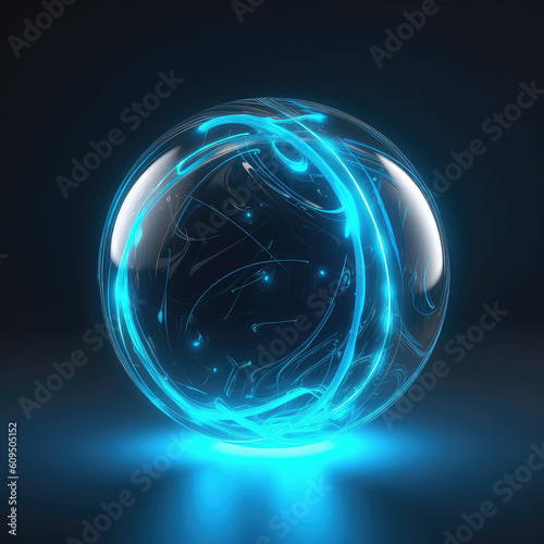 Electric magic ball isolated on a black background. Glass sphere with blue lightning lines and electric glow. Generative AI illustration imitation.