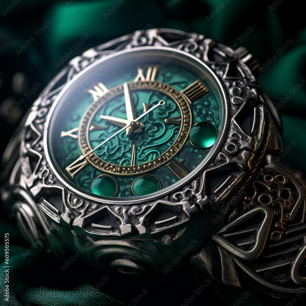 A beautiful Swiss wristwatch in silver with emerald stones from the medieval era very radially. AI-generated and human-created A beautiful Swiss wristwatch in silver with emerald stones from the medieval era very radially. AI-generated and human-created