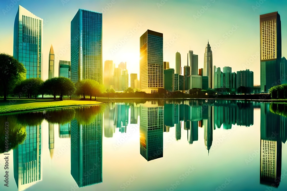 Fototapeta premium Double exposure of lush green forest and modern skyscrapers windows of building. Green city concept, Generative AI