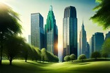 Double exposure of lush green forest and modern skyscrapers windows of building. Green city concept, Generative AI