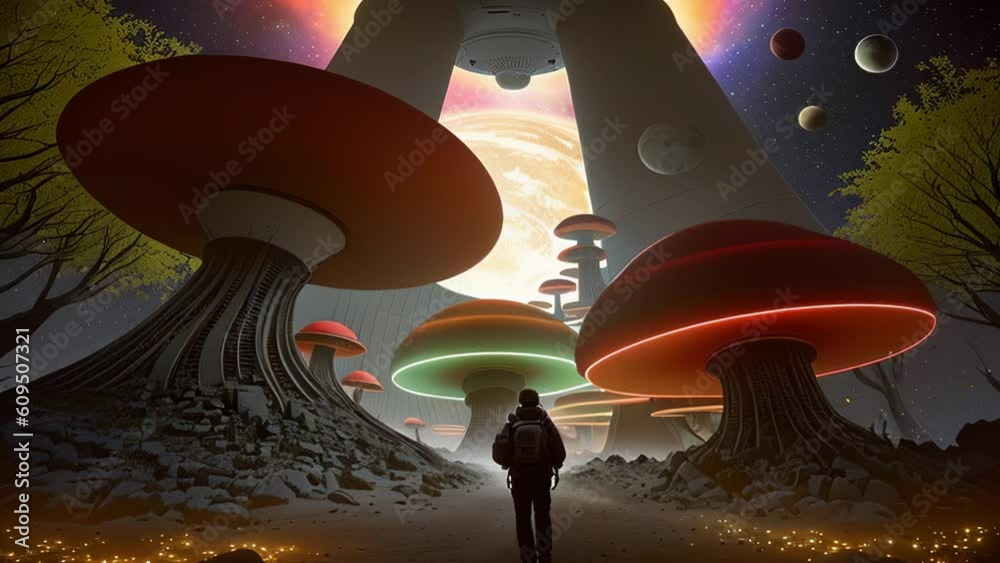 Hallucinating traveller through mushroom space colony, a.i. generated