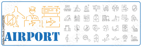 Airport Line Icons and Symbols icon Set, Plane, Transportation, Sign, Object. Summer travel flight tourist