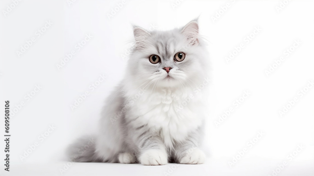 Adorable cat on a white background in different poses. Cat for advertisement. Kitten with white background. Bottomless cat. AI generated image.