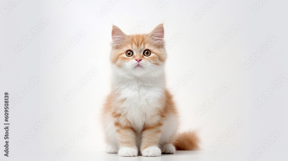 Adorable cat on a white background in different poses. Cat for advertisement. Kitten with white background. Bottomless cat. AI generated image.