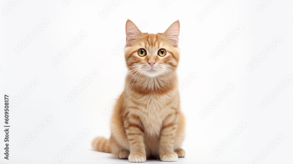 Adorable cat on a white background in different poses. Cat for advertisement. Kitten with white background. Bottomless cat. AI generated image. Adorable cat on a white background in different poses. Cat for advertisement. Kitten with white background. Bottomless cat. AI generated image.
