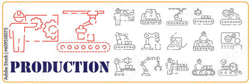 Production robot and Manufacturing line icon set. Included the icons as process, production, factory, packing and more