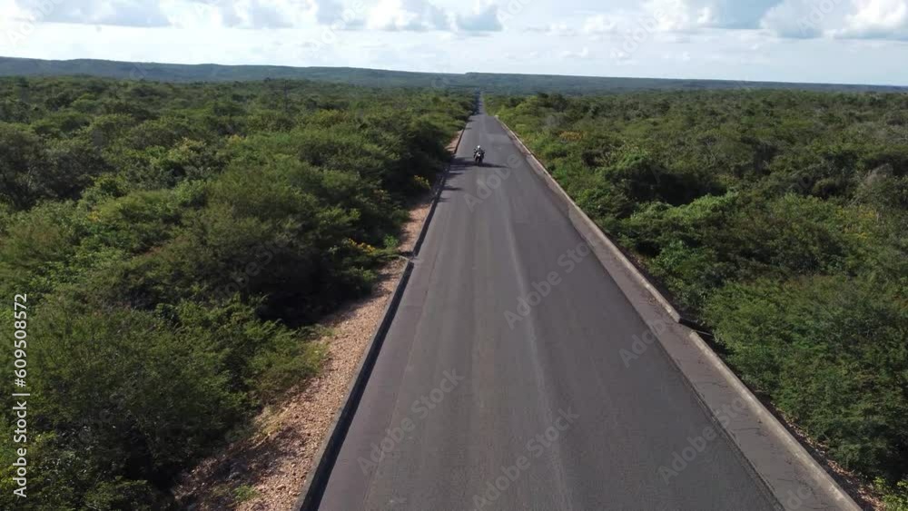 Passing car charming newly paved road in the savannah of northeastern Brazil, the sertão Passing car charming newly paved road in the savannah of northeastern Brazil, the sertão