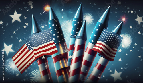 Fourth of July seamless pattern of fireworks rockets with american flag theme , blue blurred background Generative AI