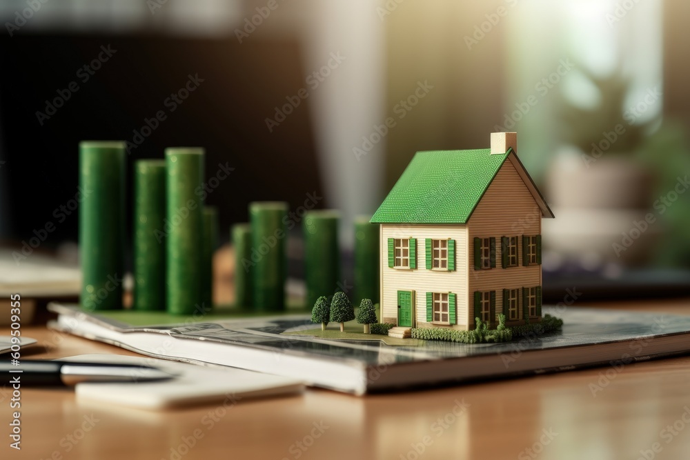 Miniature house with valuation charts on the table, real estate investment concept, Generative AI
