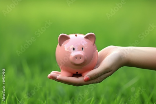 Hand holding piggy bank isolated on green background, Generative AI