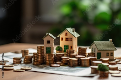 Miniature house and stack of coins on the table, real estate investment concept, green background, Generative AI