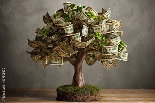 Money tree on wooden floor and gray background, tree with banknotes, tree with money leaves, Generative AI photo