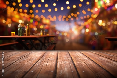 Wooden table and Festa Junina in the background, blurred festa junina background, Generative AI