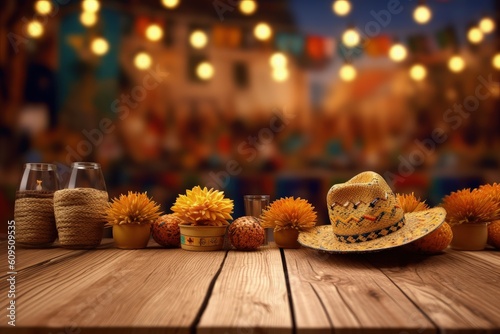 Wooden table with festa junina decoration objects with blurred background, Generative AI