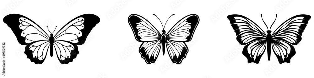 Set of butterflies, isolated on white, collection of silhouettes Set of butterflies, isolated on white, collection of silhouettes