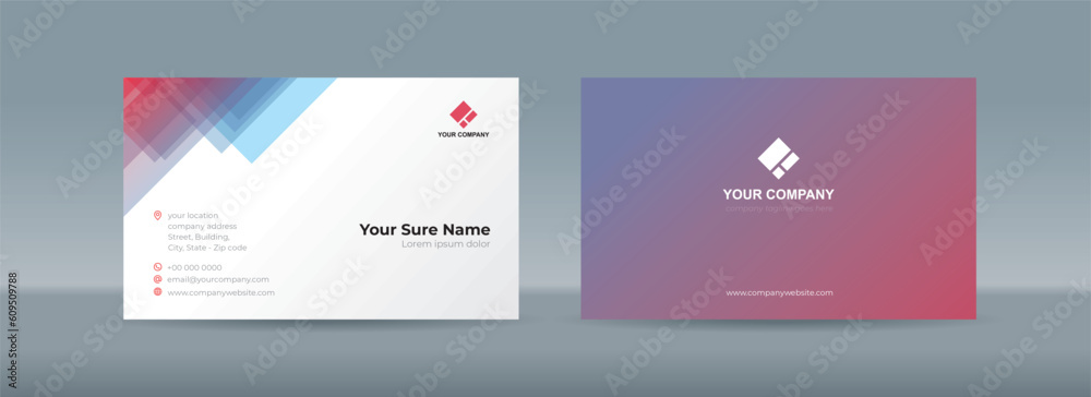 Set of double sided business card templates with illustrations of randomly stacked transparent blue and orange triangles on a red and white background