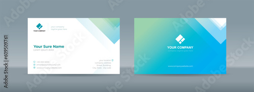 Set of double sided business card templates with illustrations of randomly stacked transparent blue and green triangles on a blue-green and white background