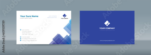 Set of double sided business card templates with illustrations of randomly stacked transparent blue and cyan square on a blue and white background