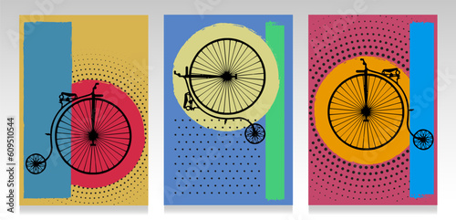 Modern poster set. Steampunk bycicle silhouette on colorful shapes and dots. Wall art design, abstract background, wall decoration. Illustration of minimalist art.