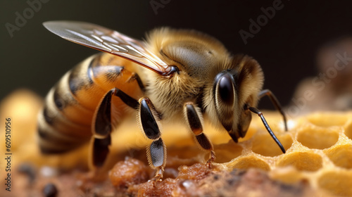 Bee on a honeycomb in a hive. Detailed macro image of a bee collecting honey in a beehive. Created with Generative AI technology. © IC Production