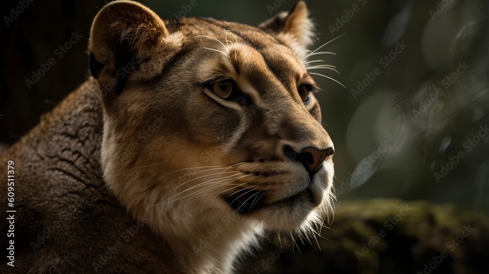 Fototapeta premium Close up portrait from side face ferocious carnivore female lion, stare or looking straight forward at the savannah desert background. Generative AI technology.