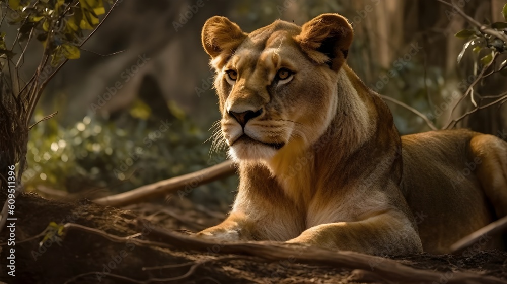 Close up portrait from side face ferocious carnivore female lion sit and rest, stare or looking straight forward at the savannah desert background. Generative AI technology. Close up portrait from side face ferocious carnivore female lion sit and rest, stare or looking straight forward at the savannah desert background. Generative AI technology.