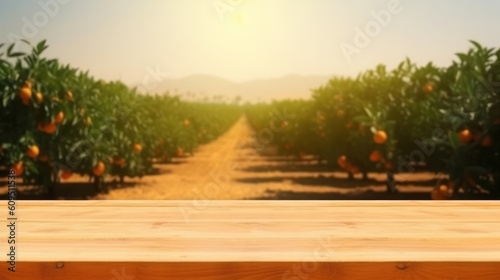 Wooden table place of free space for your decoration and orange trees with fruits in sun light. Generative AI.