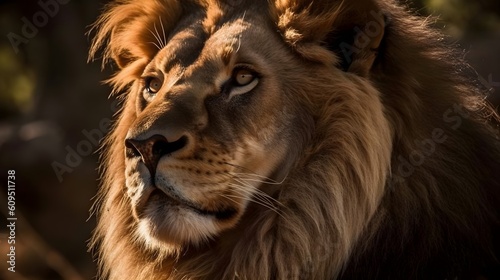 Close up portrait from side face ferocious carnivore male lion stare or looking straight forward at the nature blur background. Generative AI technology.