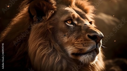 Close up portrait from side face ferocious carnivore male lion stare or looking straight forward at the savannah desert background. Generative AI technology.