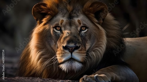 Close up portrait ferocious carnivore male lion sit and rest  stare or looking at the savannah desert background. Generative AI technology.