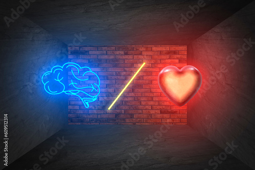 Choosing between logic and emotions. Illustrations of glowing heart, brain and slash symbol between them against brick wall in room with grey stone surfaces