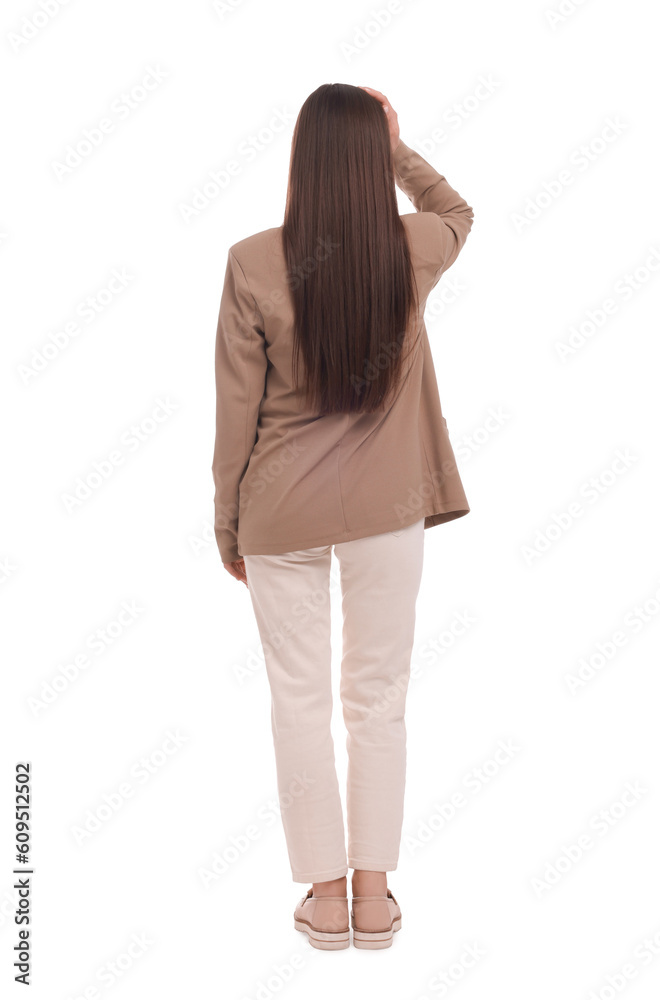 Fototapeta premium Businesswoman in suit on white background, back view