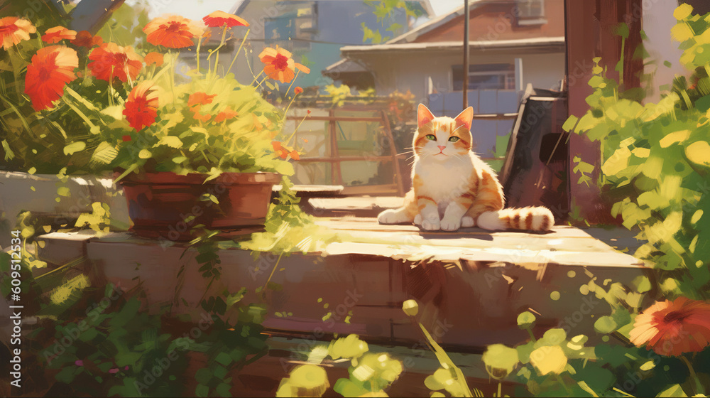 Fototapeta premium A cat basking in the sun in the yard