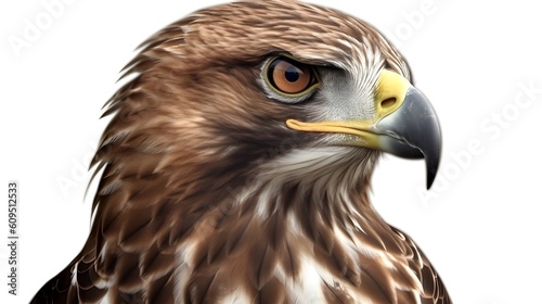 Close up portrait shot of Golden eagle Aquila chrysaetos with sharp gaze isolated on white. Generative AI technology.