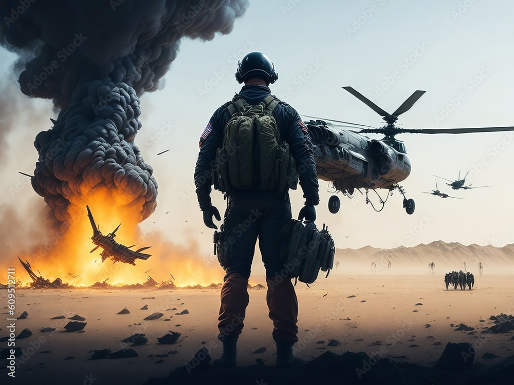 Man Standing in front of a Helicopter Explosion, Warzone Blast. Generative AI
Man Standing in front of a Helicopter Explosion, Warzone Blast. Generative AI