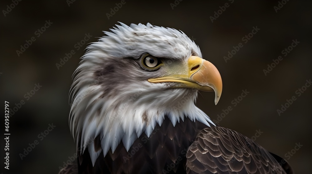 Close up portrait shot of Bald Eagle Haliaeetus Leucocephalus white head with sharp gaze. Generative AI technology.