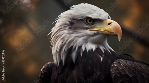 Close up portrait shot of Bald Eagle Haliaeetus Leucocephalus white head with sharp gaze. Generative AI technology.